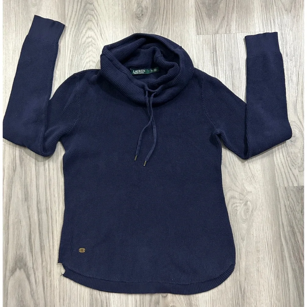 Lauren Ralph Lauren Navy Blue Waffle Knit Cowl Neck Drawstring Sweater‎ Womens M